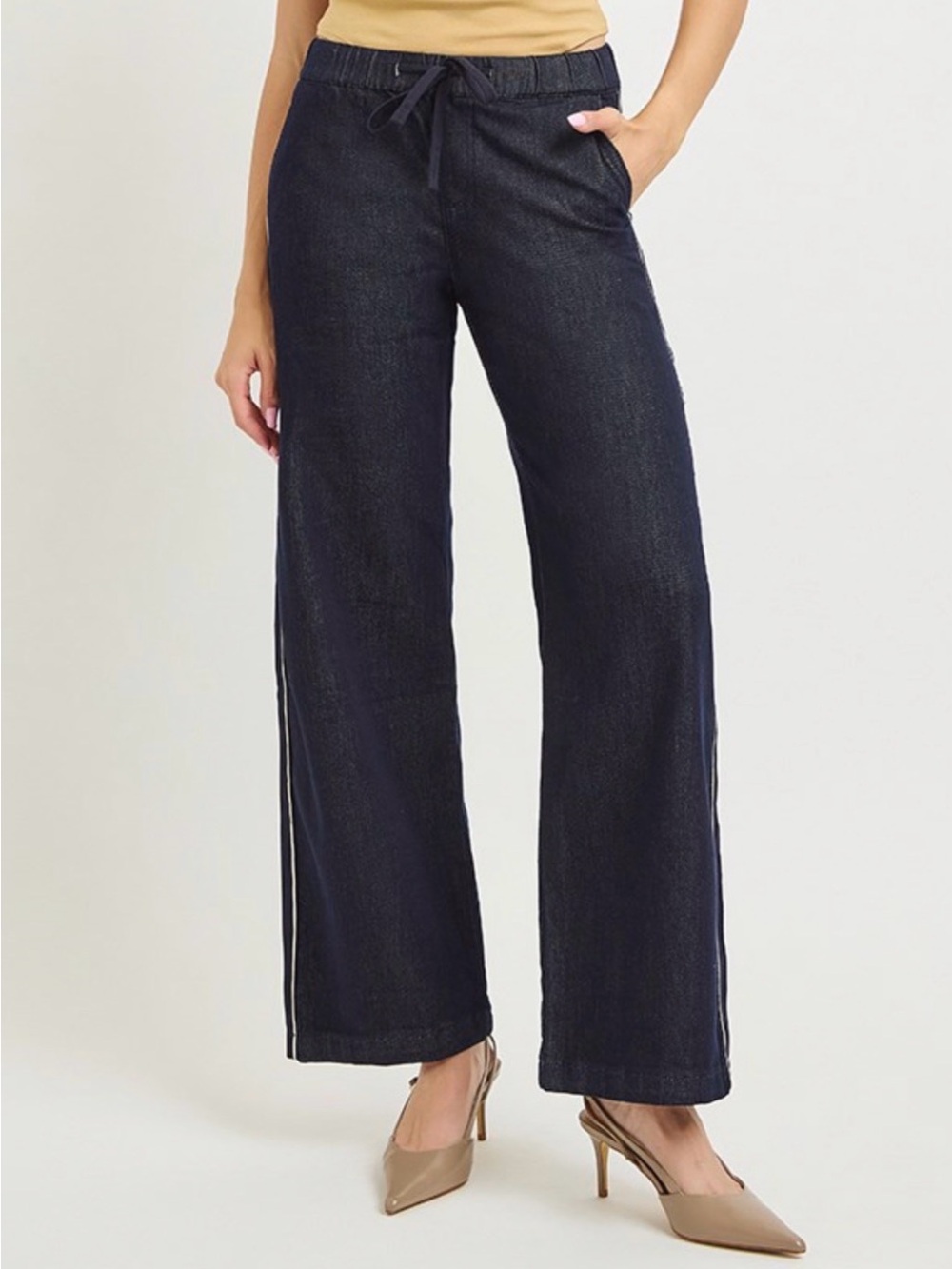142. RISEN Dark Denim Wide Leg Denim Pants with White Side Stripes NEW - Picture 3 of 4